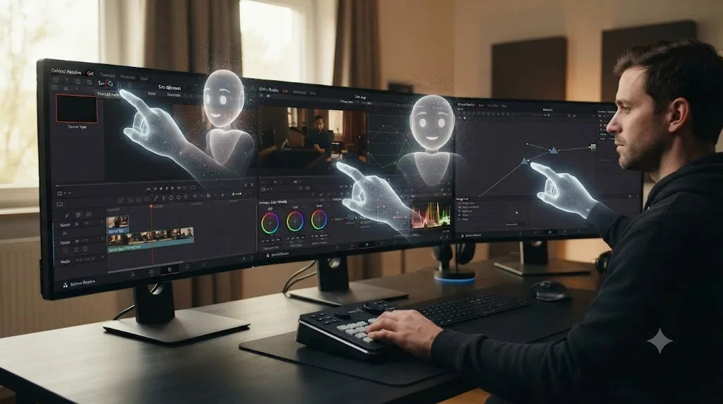 Illustration of an AI tutor overlay pointing at specific controls across DaVinci Resolve's Cut, Color, and Fusion pages