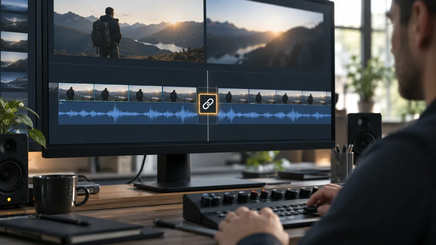Illustration of a correctly linked video and audio timeline in DaVinci Resolve