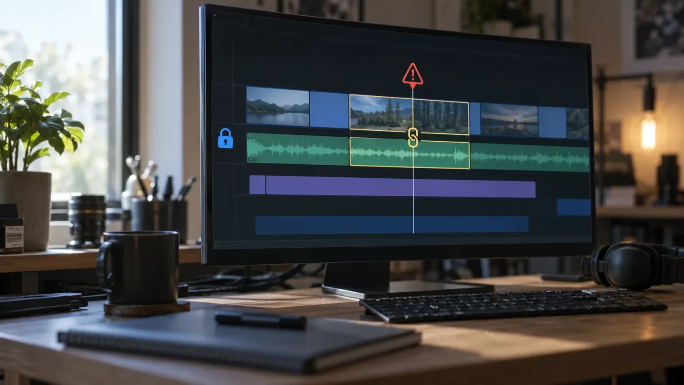 Illustration of a ripple delete decision for linked video and audio in DaVinci Resolve