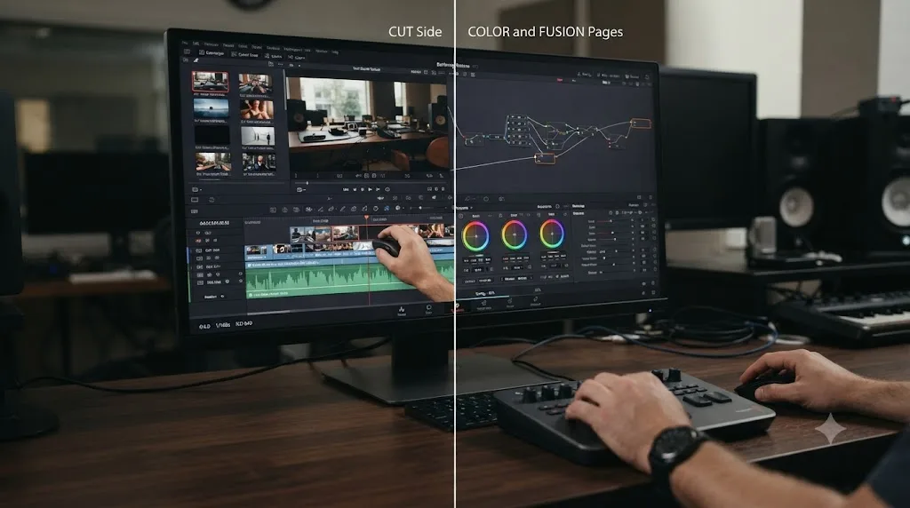 Illustration of a DaVinci Resolve Multi-User Collaboration session with Live Save forced on to keep multiple editors synced