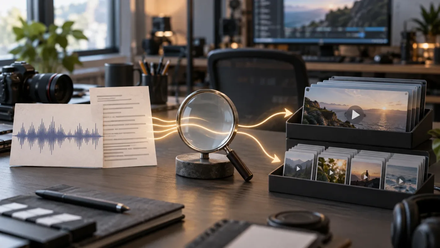 Illustration of DaVinci Resolve IntelliSearch finding a spoken phrase and returning clips or segments