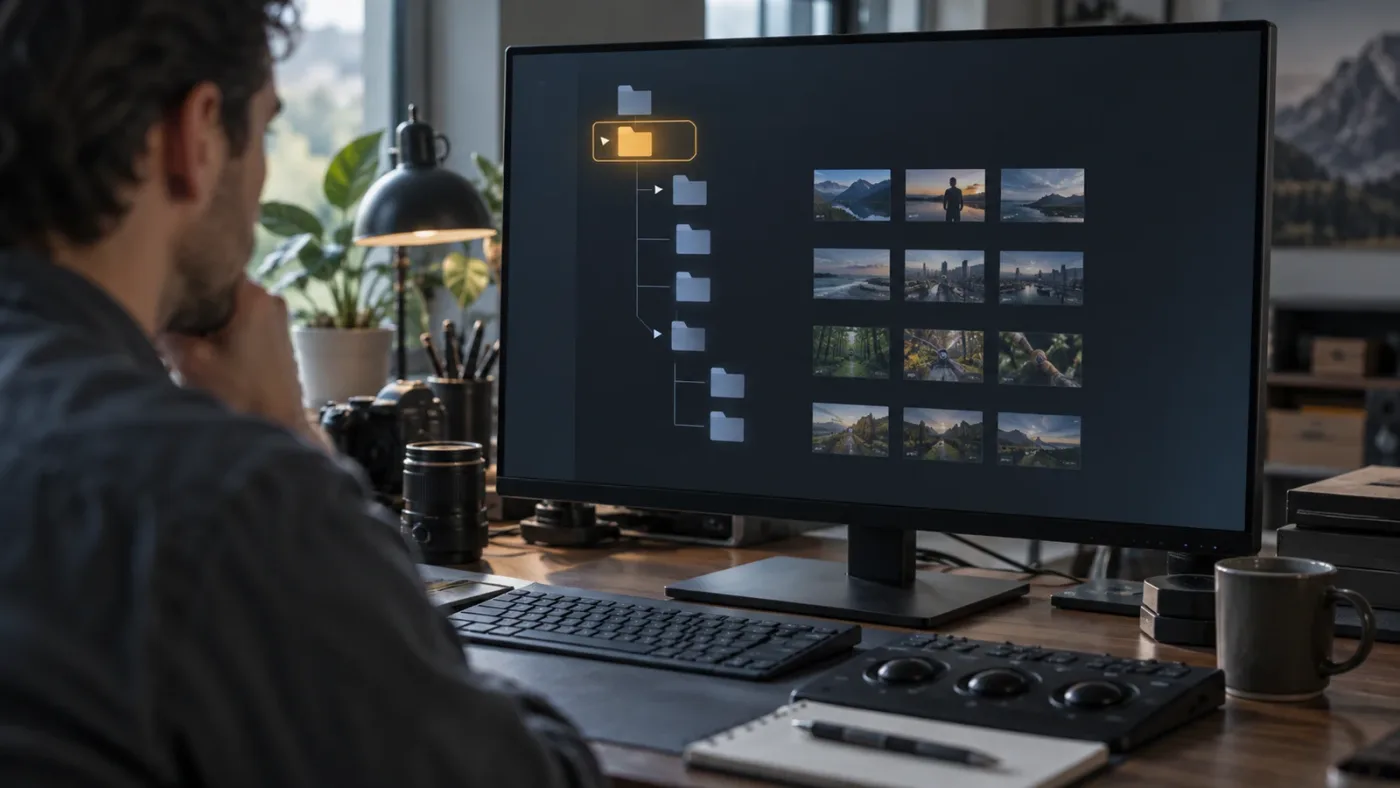 Illustration of a DaVinci Resolve Media Pool bin tree with All Bins search selected