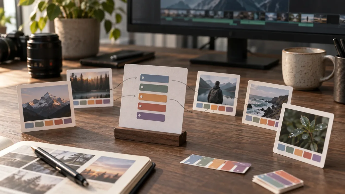 Illustration of consistent keyword tags being added to DaVinci Resolve Media Pool clips