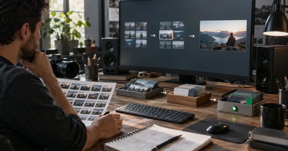 Illustration of a video editor searching for missing clips in a DaVinci Resolve Media Pool