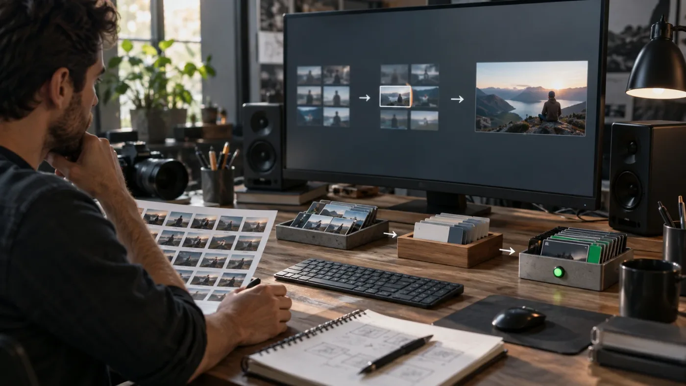 Illustration of a DaVinci Resolve Media Pool search workflow with scope and metadata checkpoints