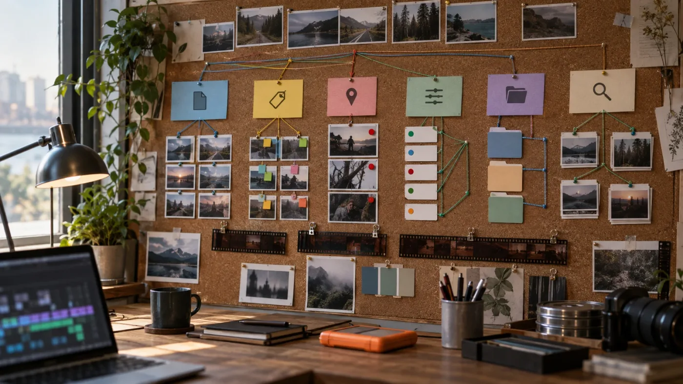 Illustration of a DaVinci Resolve Media Pool organization system using bins, tabs, and metadata