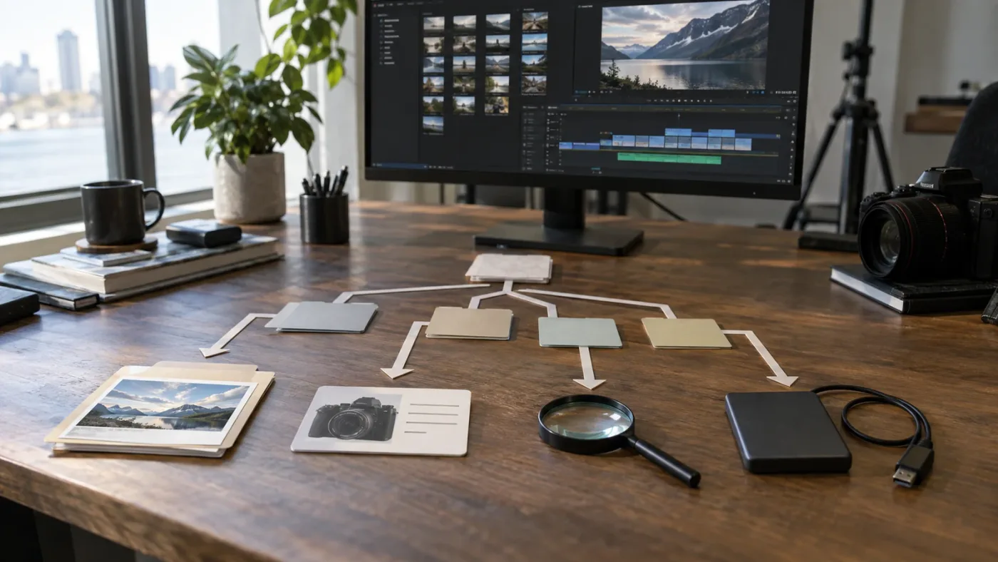 Illustration of a DaVinci Resolve Media Pool search troubleshooting decision tree