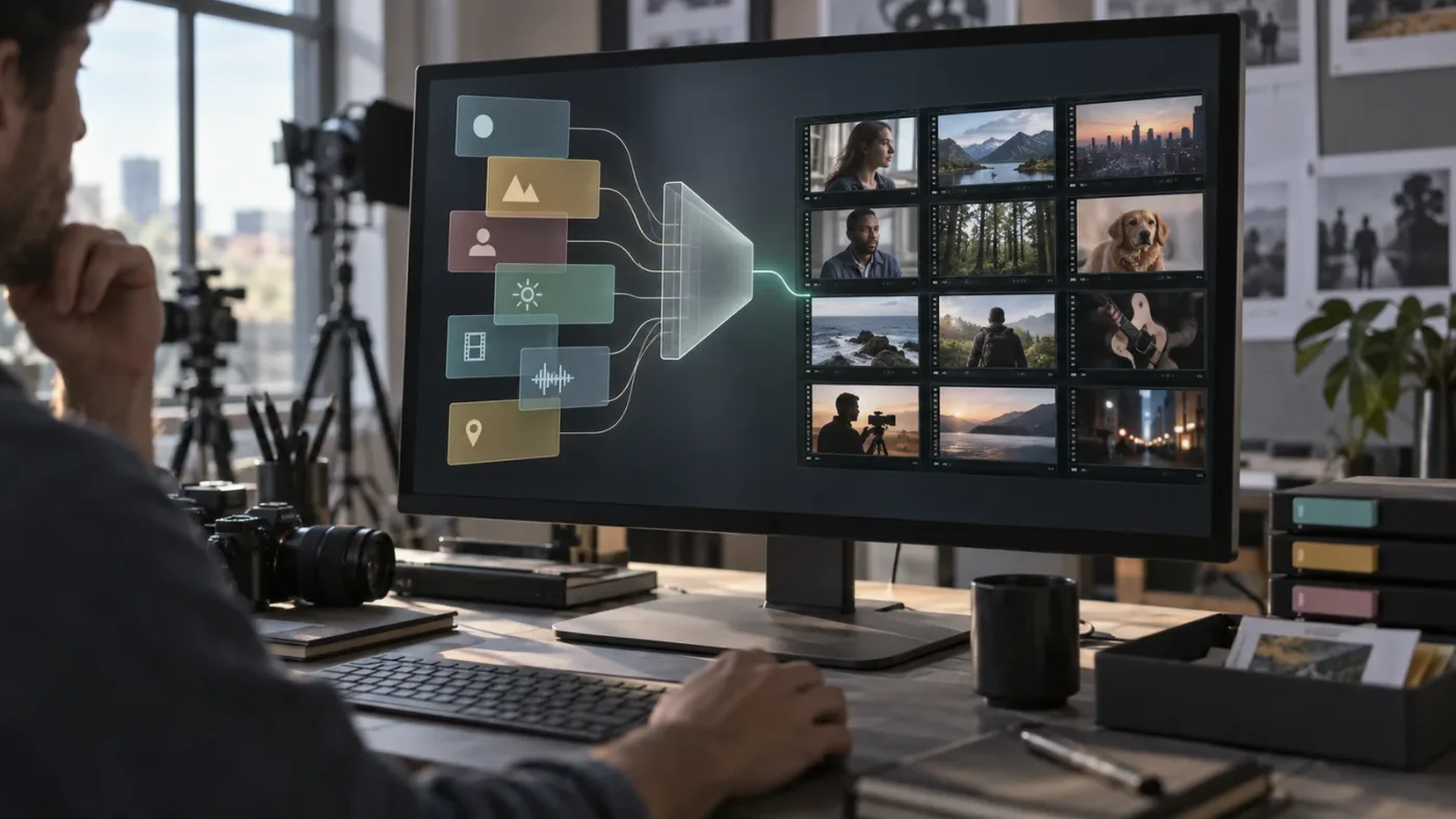 Illustration of a DaVinci Resolve Smart Bin filtering clips by metadata rules