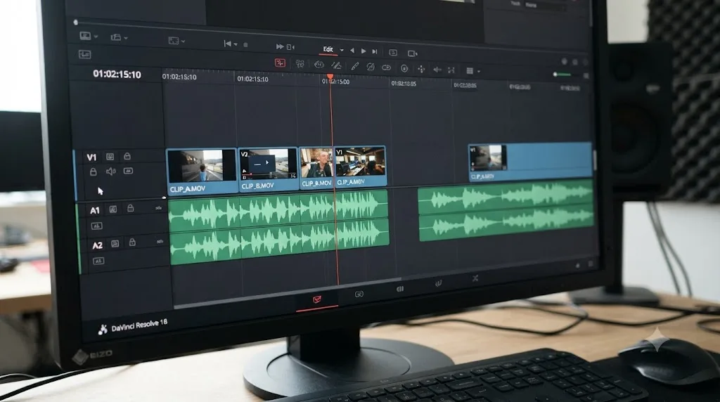 Illustration of an audio waveform drifting out of sync with a video timeline in DaVinci Resolve