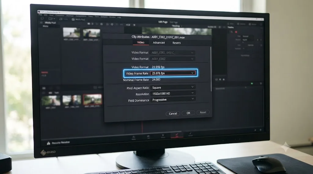 Illustration of the Clip Attributes dialog in DaVinci Resolve with the Video Frame Rate field highlighted