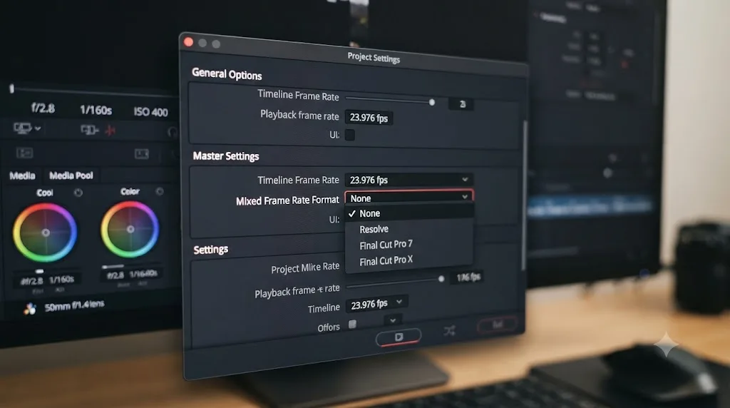 Illustration of the Mixed Frame Rate Format dropdown in DaVinci Resolve Project Settings showing four options