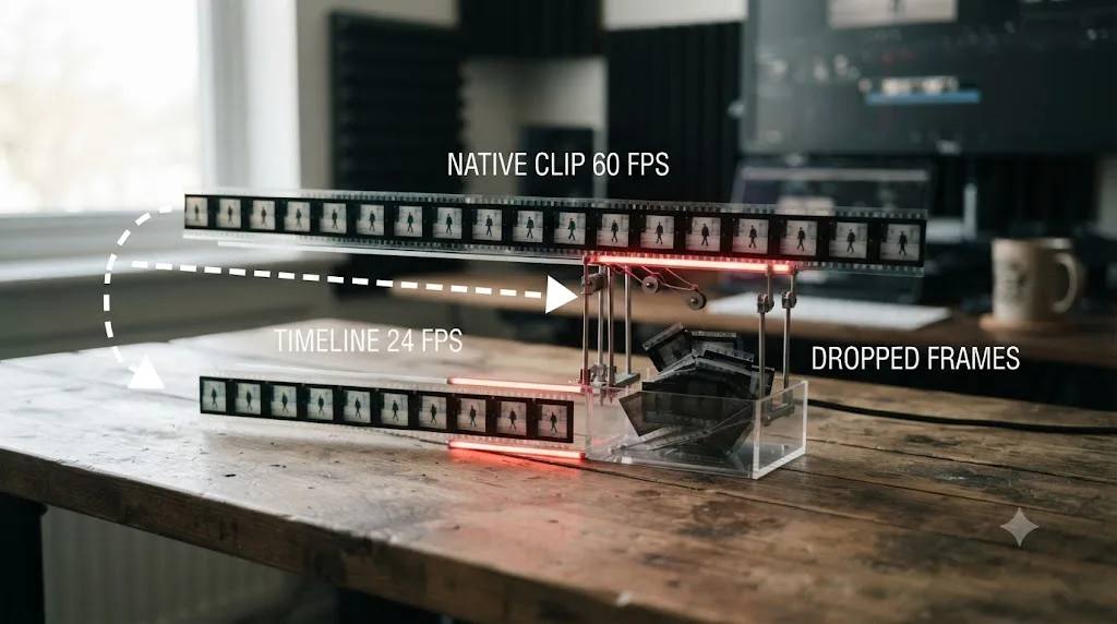 Illustration of frames being dropped as a clip conforms from a higher native frame rate to a lower timeline frame rate
