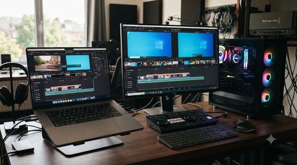 Illustration of a Mac and a Windows PC both processing an Optical Flow retime effect on a DaVinci Resolve timeline