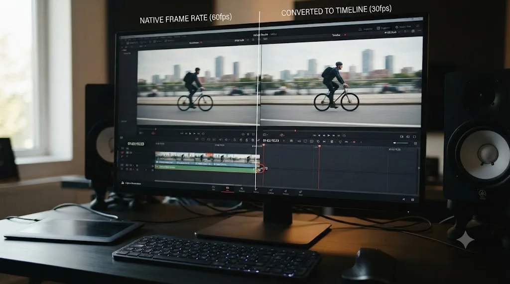 Illustration comparing a clip at native frame rate against one converted to match the project, with a broken timecode link shown