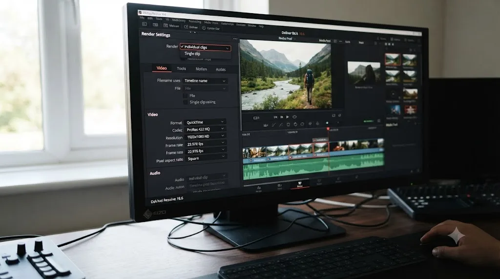 Illustration of the DaVinci Resolve Deliver page showing Individual clips and Single clip render mode options