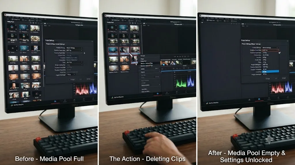 Illustration of clips being removed from a DaVinci Resolve Media Pool to unlock Project Settings frame rate options