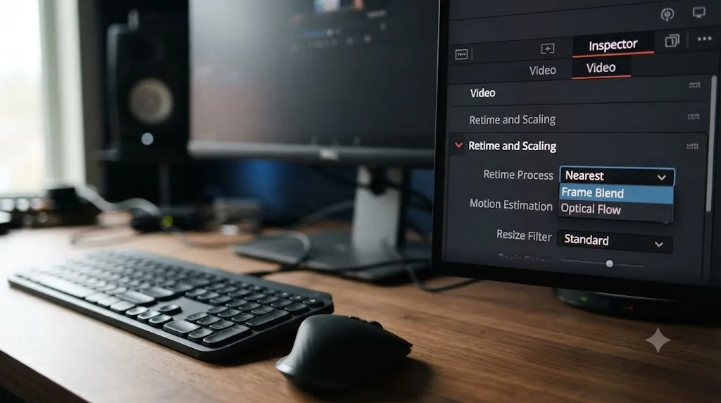 Illustration of the DaVinci Resolve Retime Process dropdown showing Nearest, Frame Blend, and Optical Flow options