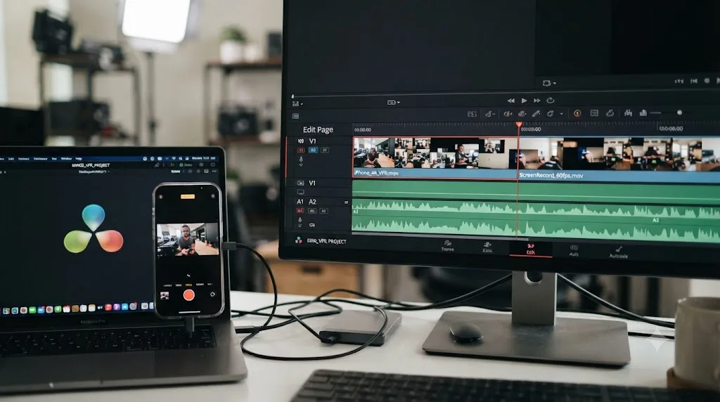 Illustration of variable frame rate footage from a smartphone and screen recording causing uneven frame timing on a DaVinci Resolve timeline