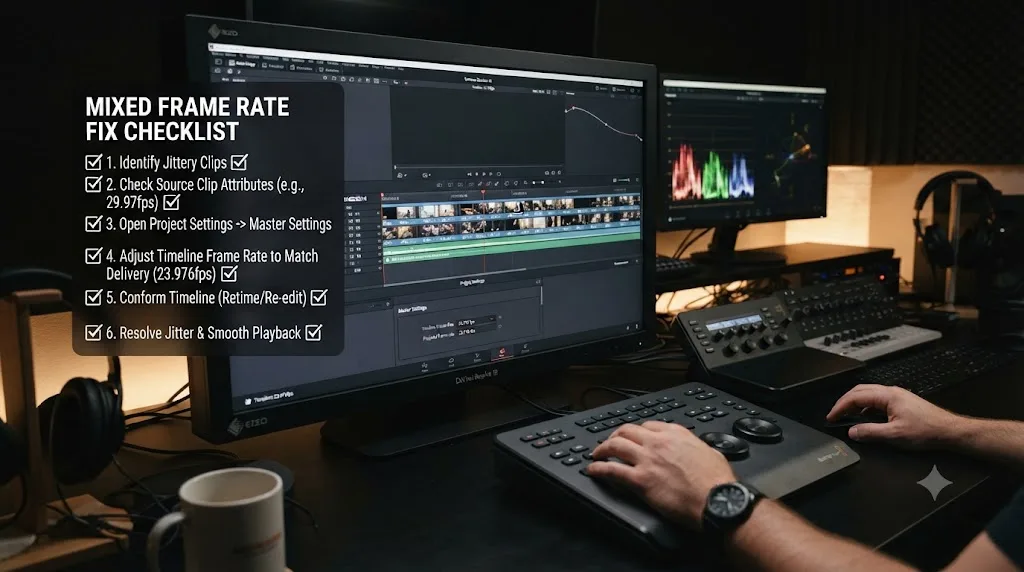 Illustration of a troubleshooting checklist overlaid on a DaVinci Resolve timeline that has been smoothed out after a frame rate fix