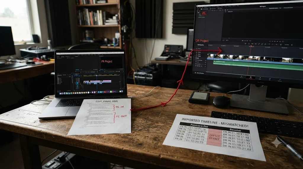 Illustration of an XML file with mismatched clip in and out points importing from Premiere Pro into DaVinci Resolve