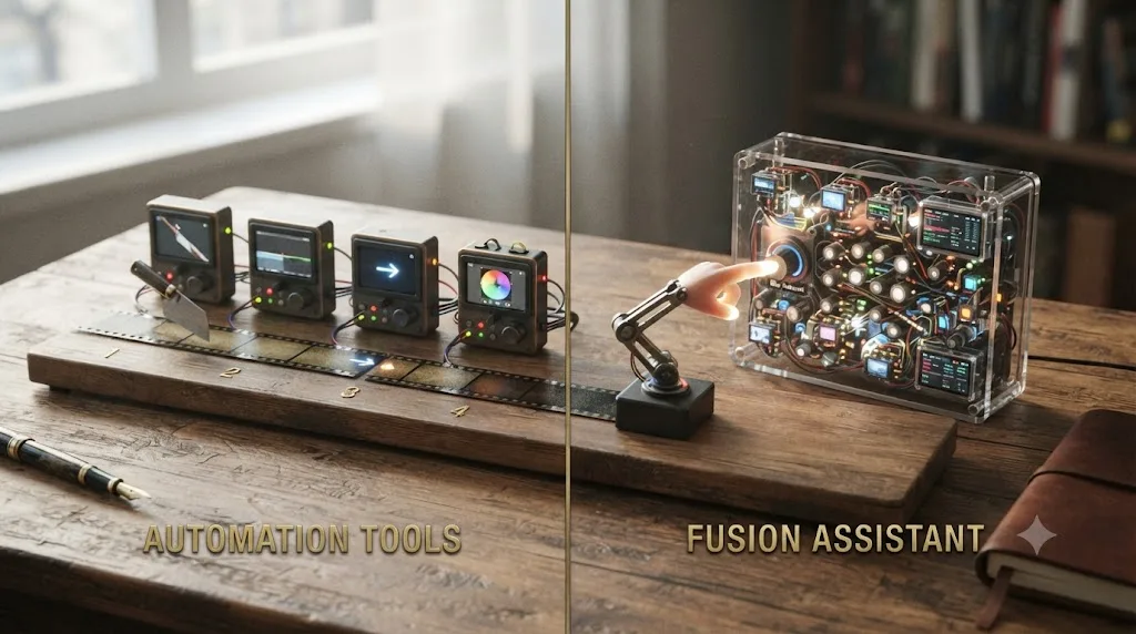 Illustration of a row of automation tool icons executing timeline edits, contrasted with a single assistant icon pointing at a control inside a live Fusion comp
