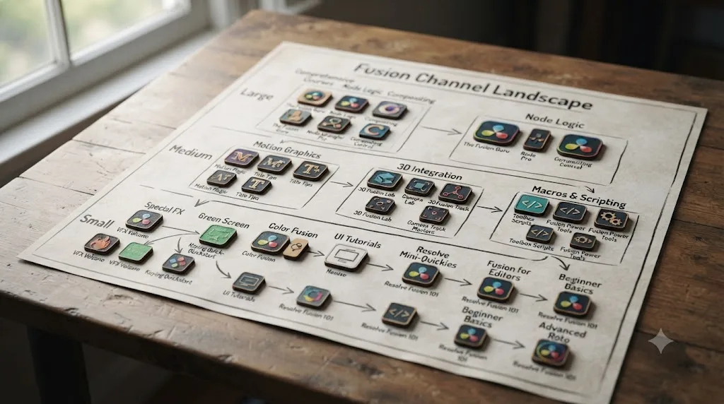 Illustration of a ranked comparison chart showing DaVinci Resolve Fusion-focused YouTube channels of different sizes, each labeled with a specialty icon