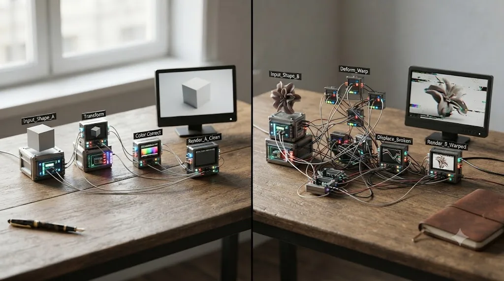 Illustration of a Fusion node tree working correctly on a clean demo shape next to a second node tree producing a warped result on a different shape