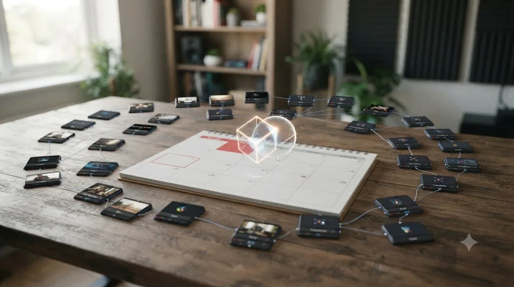 Illustration of a DaVinci Resolve Fusion node tree arranged around a calendar page marked Monday with a motion graphics shape animating at the center