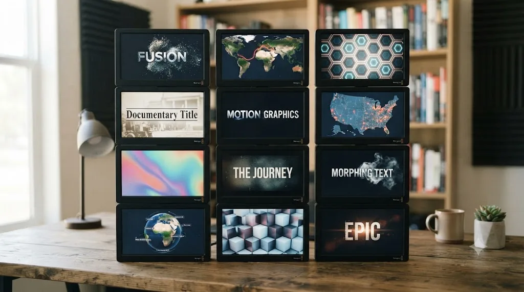 Illustration of a grid of DaVinci Resolve Fusion tutorial thumbnails showing morphing text, an animated map, a repeating background, and a documentary-style title