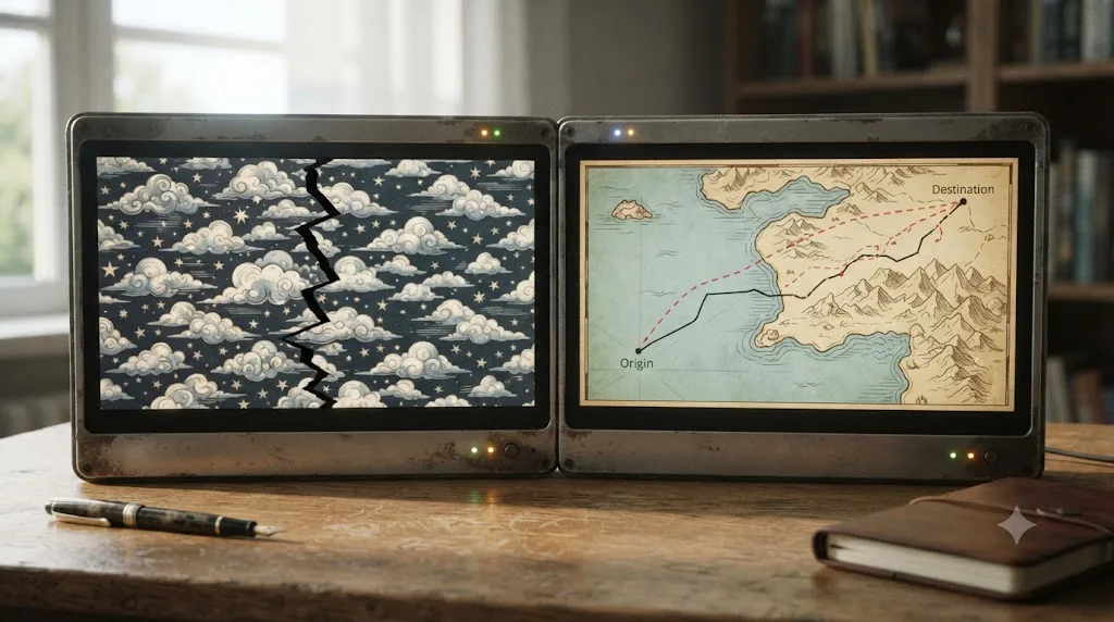 Illustration of a DaVinci Resolve Fusion comp split into two panels, one showing a repeating background loop with a visible seam glitch and the other showing an animated map path drifting off its intended route
