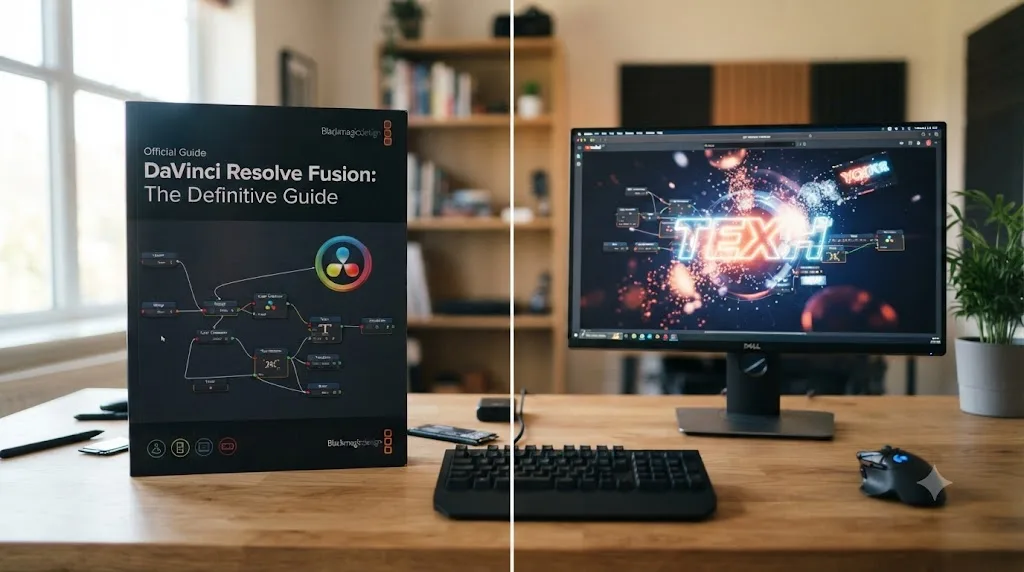 Illustration contrasting an official Blackmagic Design training guide cover with an independent creator's DaVinci Resolve Fusion tutorial thumbnail
