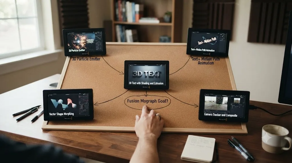 Illustration of a decision flowchart where a person picks a motion graphics goal and each branch points to a specific tutorial thumbnail
