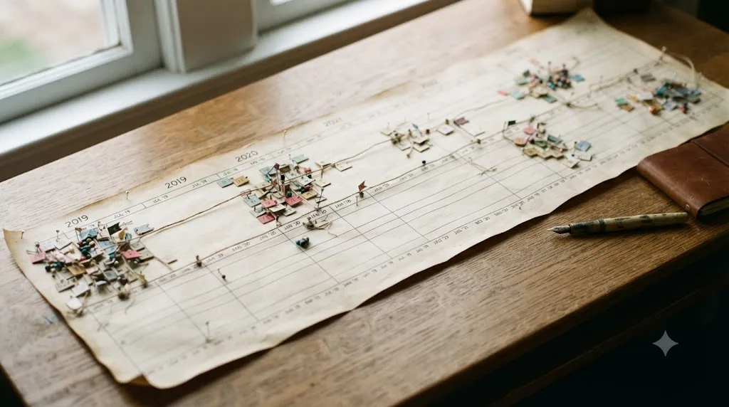 Illustration of a timeline showing scattered tutorial upload markers spread across a calendar spanning several years with varying gaps between them