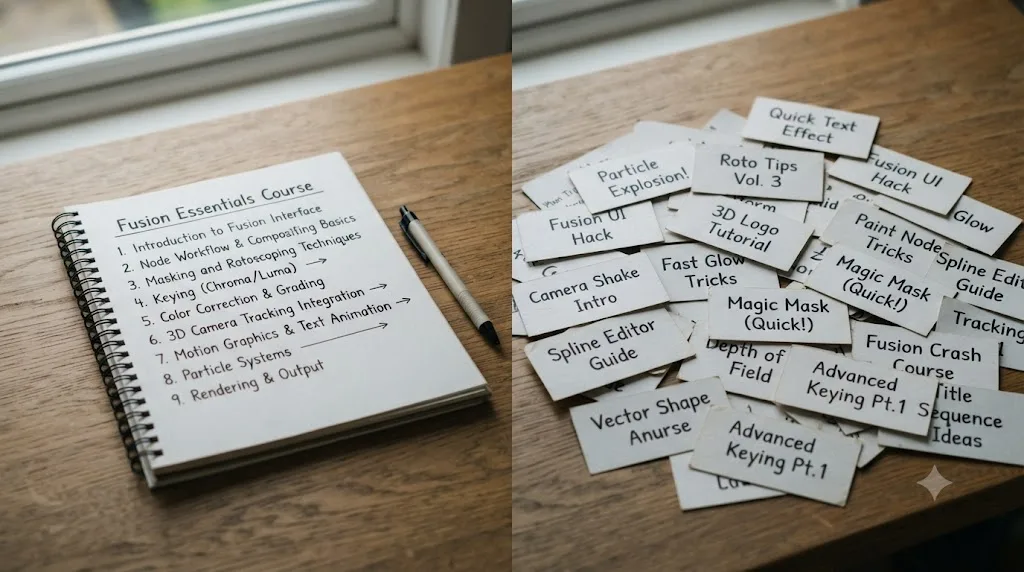 Illustration contrasting a structured numbered course outline with a scattered pile of individually labeled tutorial cards representing a grab-bag playlist