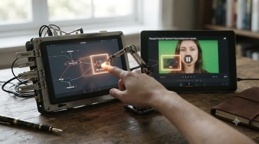 Illustration of an assistant overlay pointing at a control inside a live DaVinci Resolve Fusion comp next to a paused tutorial video thumbnail showing the same technique on a different clip