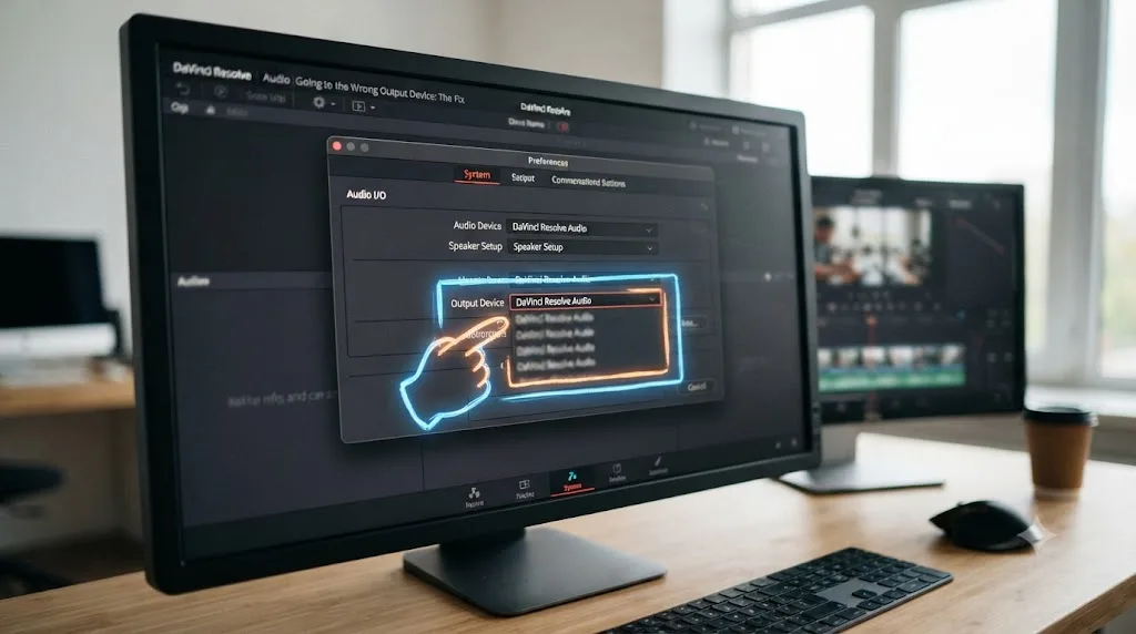 Illustration of a hand-drawn glowing box pointing at the Output Device dropdown inside a DaVinci Resolve Preferences window