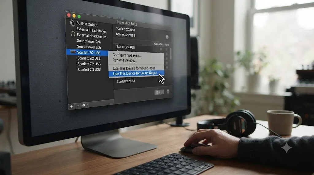 Illustration of the macOS Audio MIDI Setup app with a device selected and a Use This Device for Sound Output menu option showing