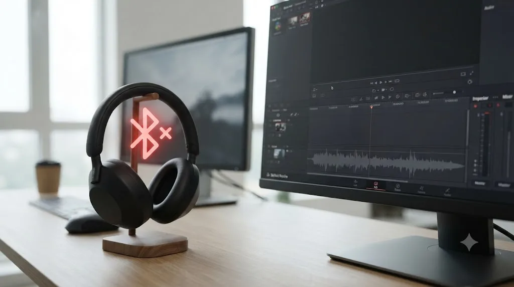 Illustration of Bluetooth headphones with a broken connection icon beside a silent DaVinci Resolve interface