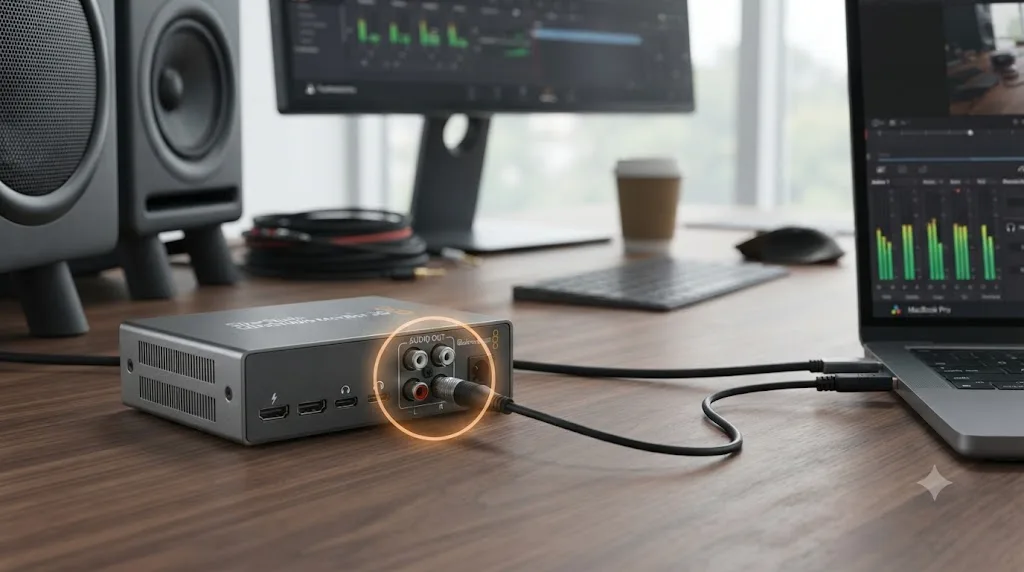 Illustration of a Blackmagic UltraStudio device connected to a computer with its own separate audio output jack highlighted