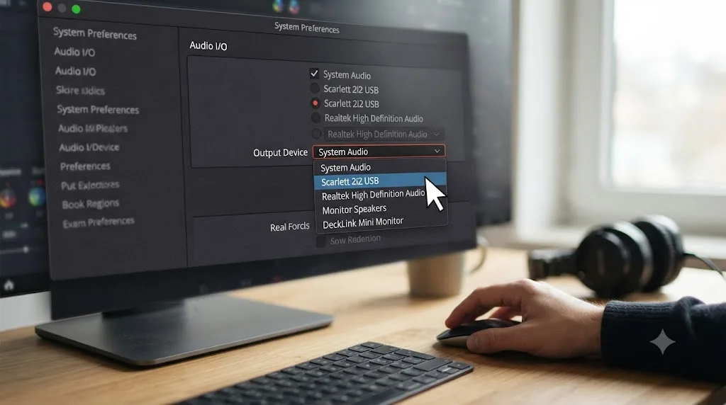 Illustration of the DaVinci Resolve Output Device dropdown menu with several audio devices listed and one being selected