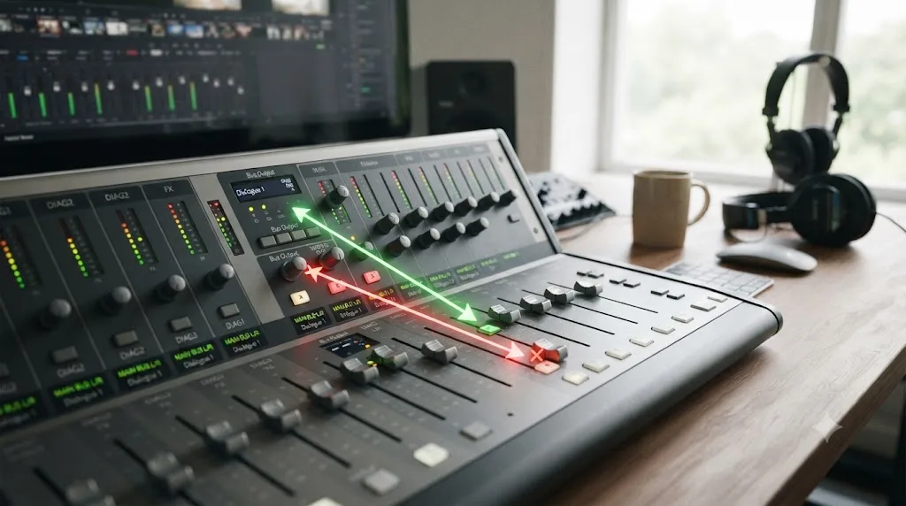 Illustration of a DaVinci Resolve Fairlight Mixer panel with channel strips and one Bus Output assignment pointing to the wrong bus
