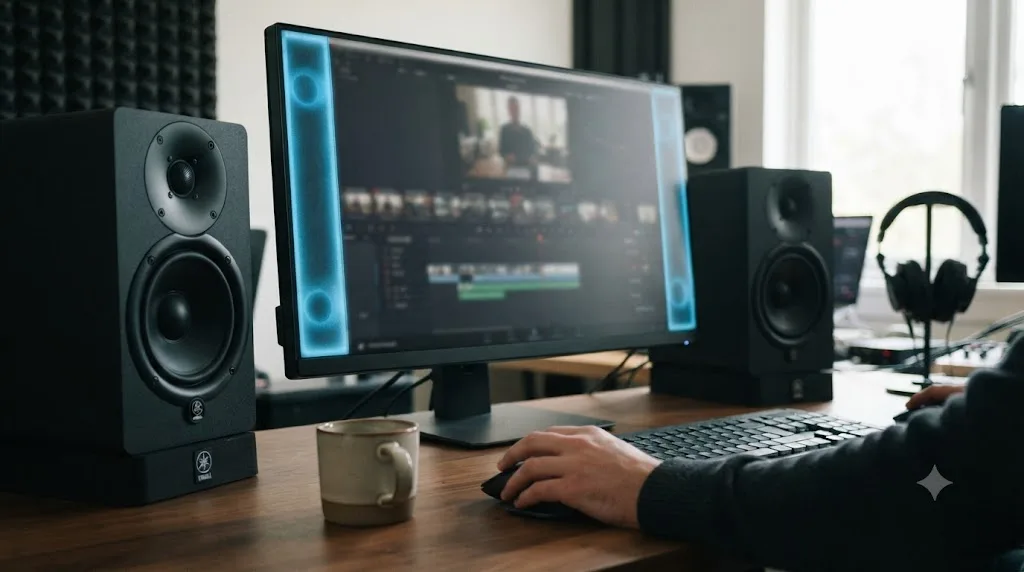Illustration of a monitor's built-in speakers glowing while proper studio monitor speakers sit dark and unused on the same desk