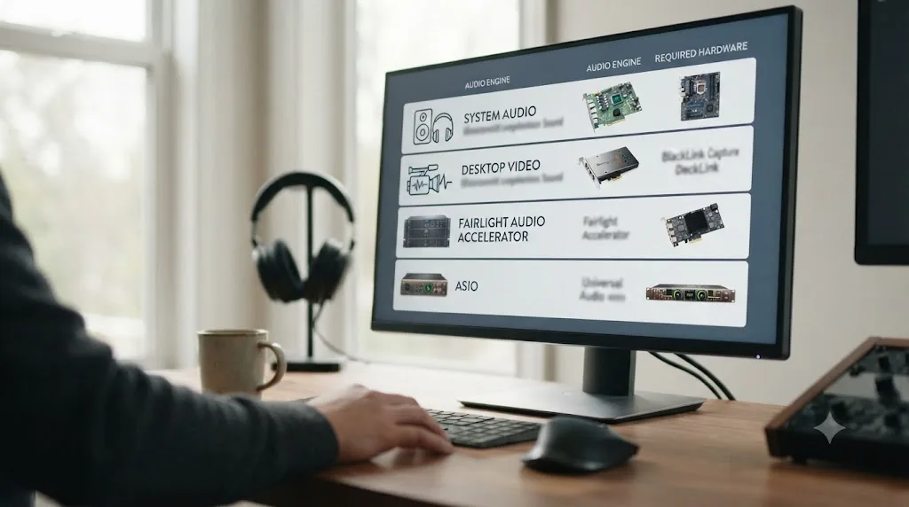 Illustration comparing four DaVinci Resolve audio engine options with a small hardware icon beside each one