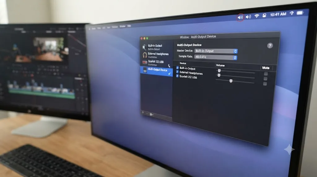 Illustration of a macOS menu bar sound icon beside an Audio MIDI Setup window showing a Multi-Output Device configuration