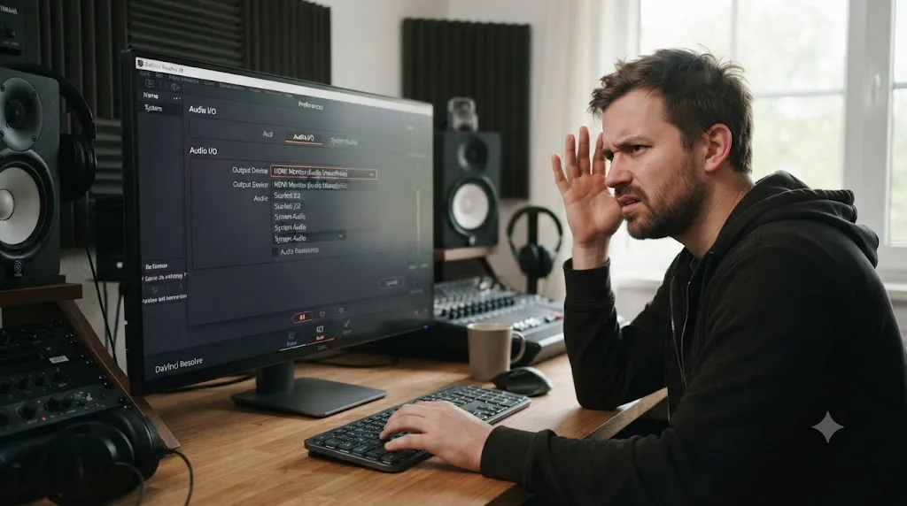 Illustration of a DaVinci Resolve Output Device dropdown showing only a single greyed-out HDMI monitor option
