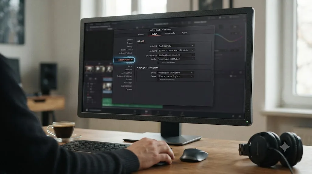 Illustration of the DaVinci Resolve Preferences window open to the System tab with the Video and Audio I/O section highlighted