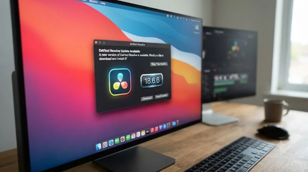 Illustration of a DaVinci Resolve update notification beside a Fairlight waveform icon and a version number badge