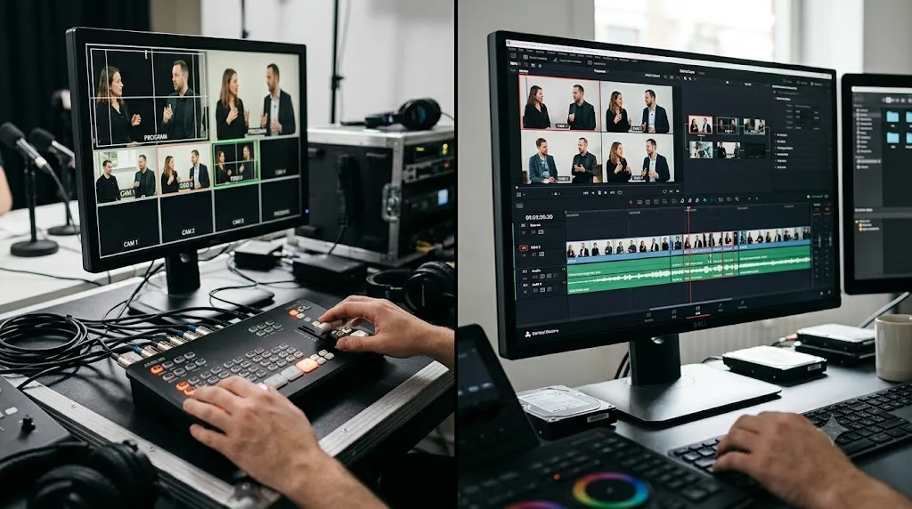 Illustration comparing an AI auto-cut tool with an AI tutor pointing at a DaVinci Resolve control during multicam editing
