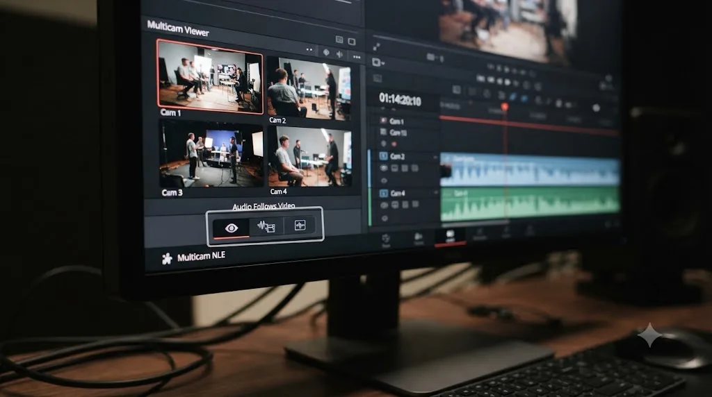 Illustration of DaVinci Resolve's multicam audio mode toggle showing video-only, audio-follows-video, and audio-only icons