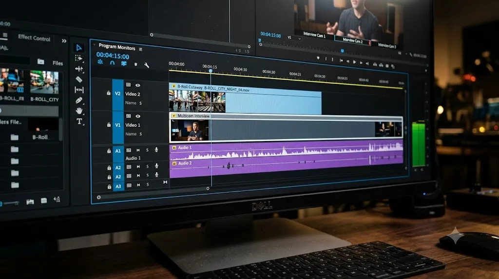 Illustration of a DaVinci Resolve timeline with a b-roll cutaway clip layered above a synced multicam interview track